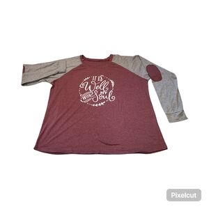 Womens Maroon Raglan Top with Gray Sleeves - 'It Is Well With My Soul'